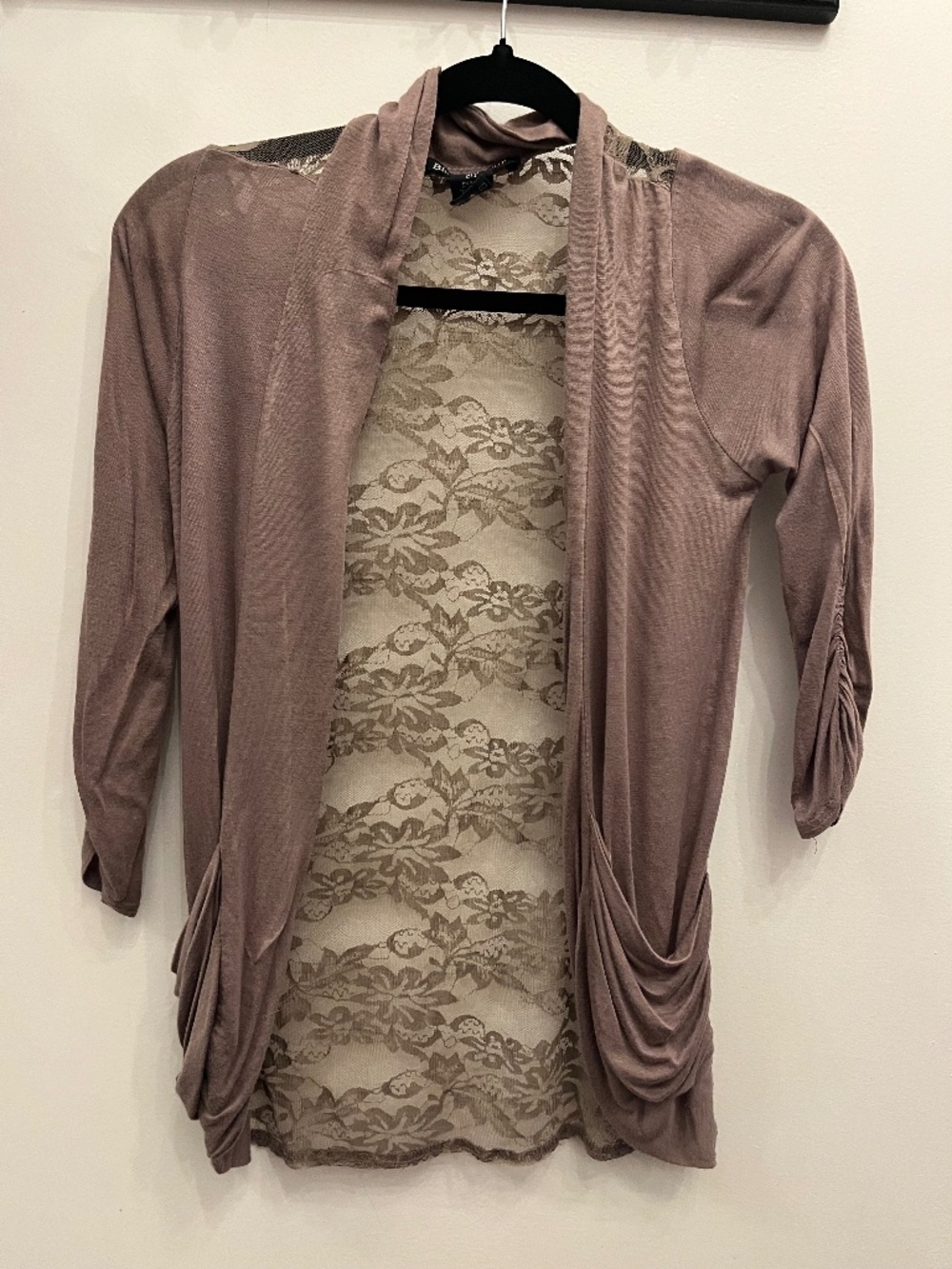 Taupe/Dusty Mauve Open Front, Lacey Back Cardigan